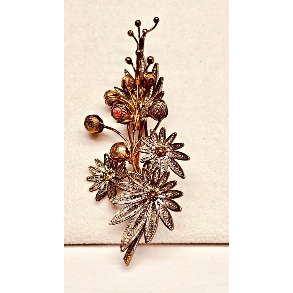 Vintage 800 Silver Filigree Floral Spray Brooch Flower Bouquet Pin European